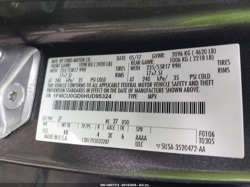 2017 Ford Escape Se VIN: 1FMCU0GD0HUD95324 Lot: 44887274