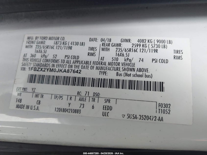 VIN 1FBZX2YM0JKA87642 2018 FORD TRANSIT-350 XLT
