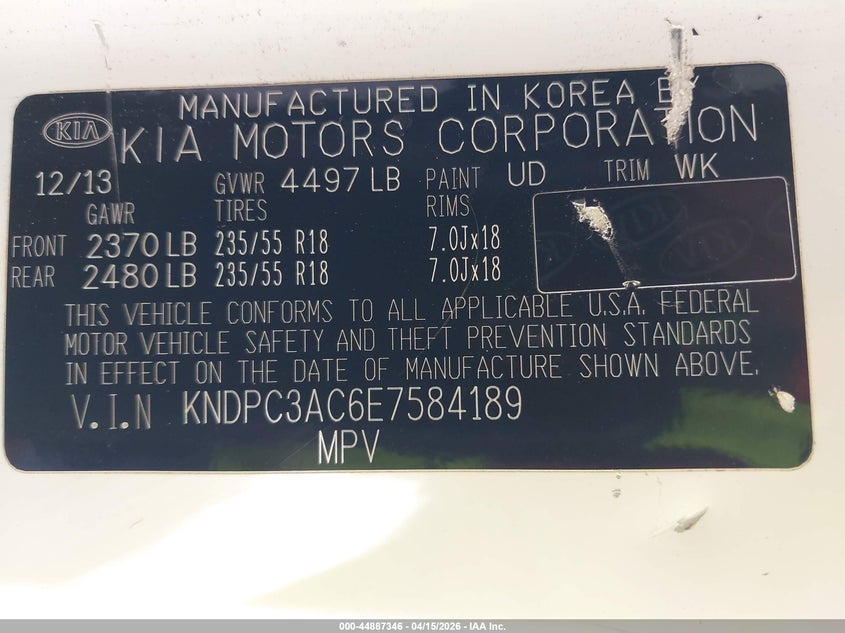 2014 Kia Sportage Ex VIN: KNDPC3AC6E7584189 Lot: 44887346