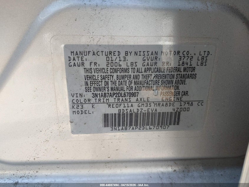 2013 Nissan Sentra Sv VIN: 3N1AB7AP2DL670907 Lot: 44887494