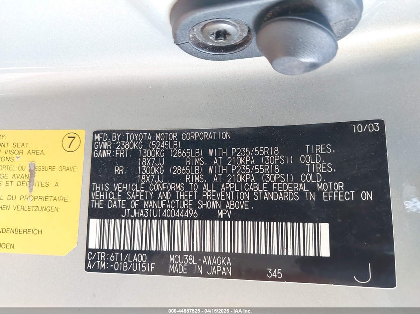 2004 Lexus Rx 330 VIN: JTJHA31U140044496 Lot: 44887525