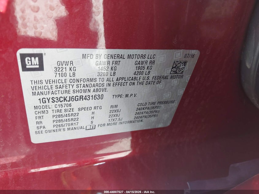 2016 Cadillac Escalade Premium Collection VIN: 1GYS3CKJ6GR431630 Lot: 44887527