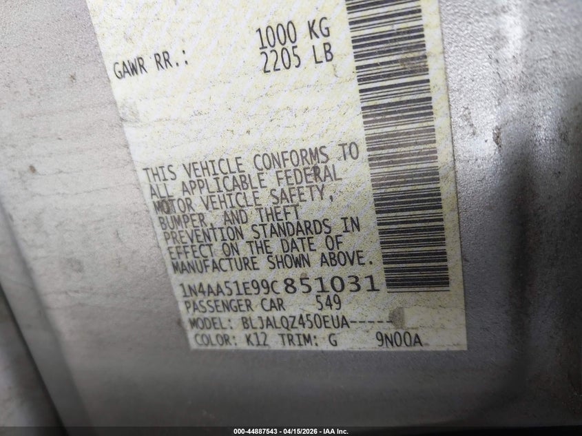 2009 Nissan Maxima 3.5 S VIN: 1N4AA51E99C851031 Lot: 44887543