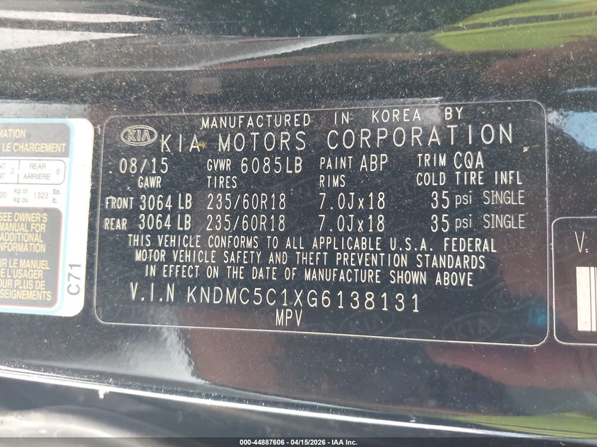 2016 Kia Sedona Ex VIN: KNDMC5C1XG6138131 Lot: 44887606