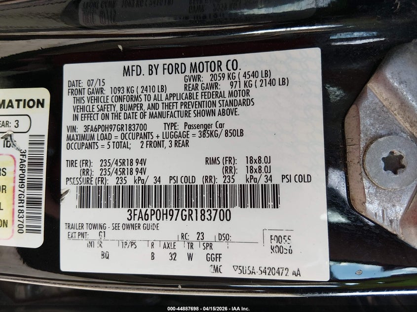 2016 Ford Fusion Se VIN: 3FA6P0H97GR183700 Lot: 44887698