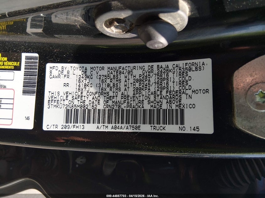 2005 Toyota Tacoma Prerunner V6 VIN: 3TMKU72N85M002162 Lot: 44887703