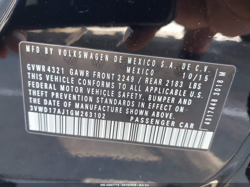 2016 Volkswagen Jetta 1.8T Sport VIN: 3VWD17AJ1GM263102 Lot: 44887715