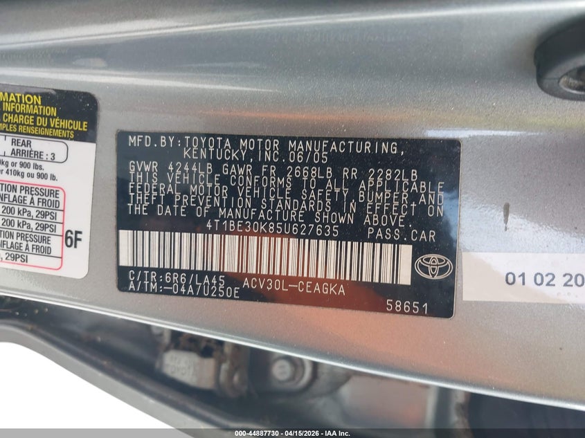 2005 Toyota Camry Xle VIN: 4T1BE30K85U627635 Lot: 44887730