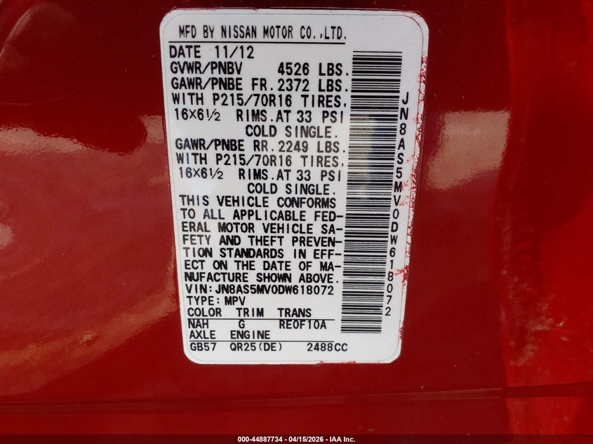 2013 Nissan Rogue S VIN: JN8AS5MV0DW618072 Lot: 44887734