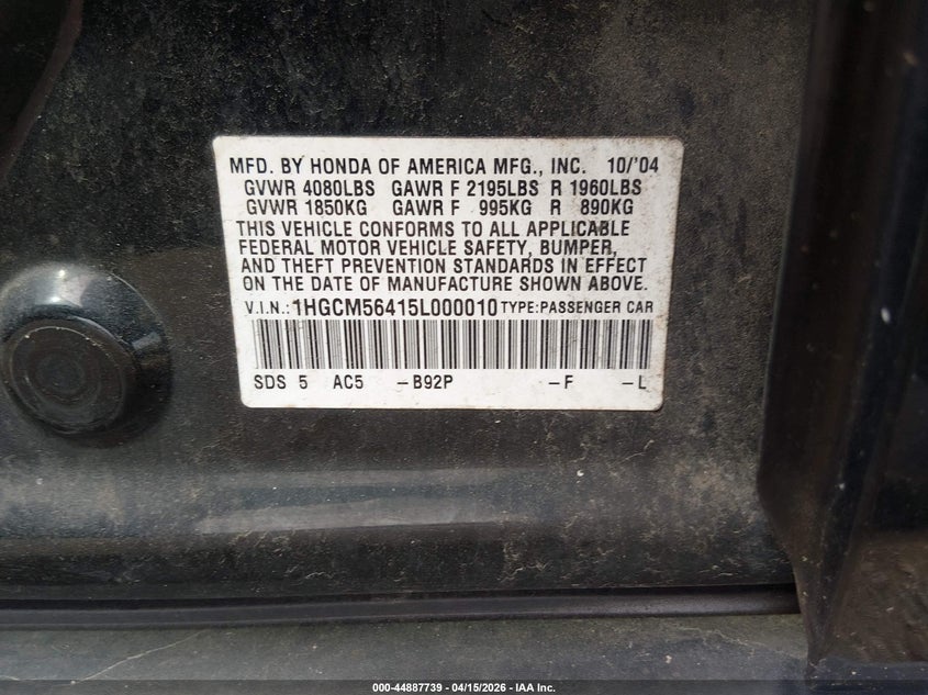 2005 Honda Accord 2.4 Lx VIN: 1HGCM56415L000010 Lot: 44887739