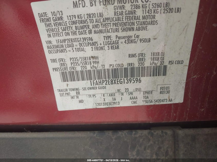 2014 Ford Taurus Sel VIN: 1FAHP2E8XEG139596 Lot: 44887751