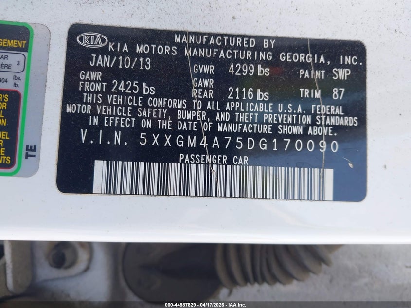 2013 Kia Optima 2.4 Lx White Lot 111044887829 Vin 5XXGM4A75DG170090