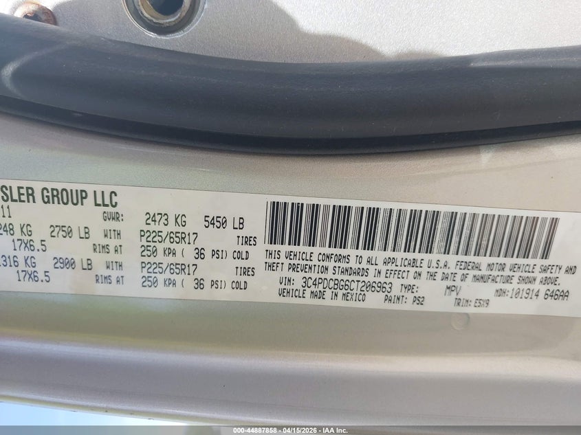 2012 Dodge Journey Sxt VIN: 3C4PDCBG6CT206963 Lot: 44887858