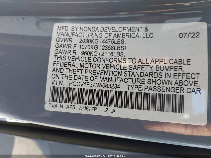 2022 Honda Accord Sport VIN: 1HGCV1F37NA063234 Lot: 44887867