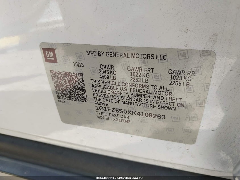 2019 Chevrolet Bolt Ev Premier VIN: 1G1FZ6S0XK4109263 Lot: 44887914