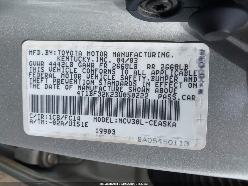 2003 Toyota Camry Se V6 VIN: 4T1BF32K23U050222 Lot: 44887931