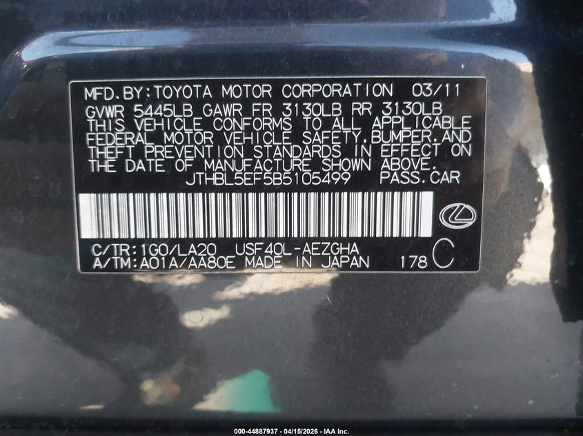 2011 Lexus Ls 460 VIN: JTHBL5EF5B5105499 Lot: 44887937