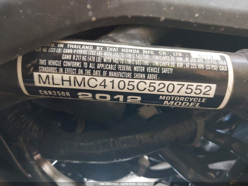 2012 Honda Cbr250 R VIN: MLHMC4105C5207552 Lot: 44887942