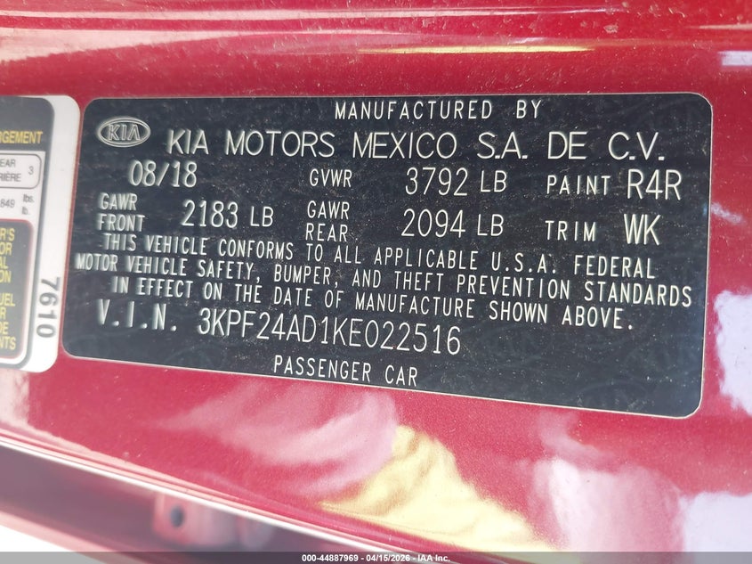 2019 Kia Forte Lxs VIN: 3KPF24AD1KE022516 Lot: 44887969