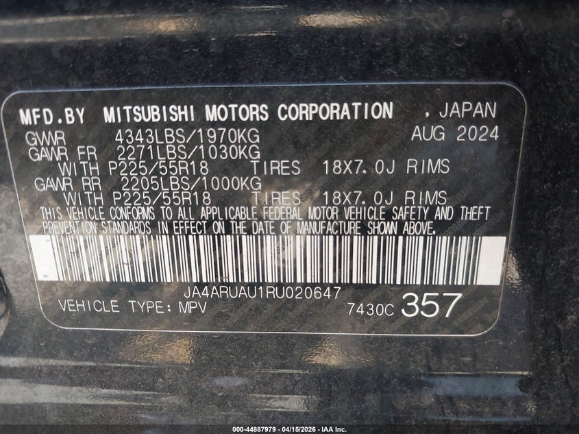 2024 Mitsubishi Outlander Sport 2.0 Es Awc/2.0 Le Awc/2.0 Ralliart Awc/2.0 S Awc/2.0 Se Awc/2.0 Trail Edition Awc VIN: JA4ARUAU7RU020647 Lot: 44887979