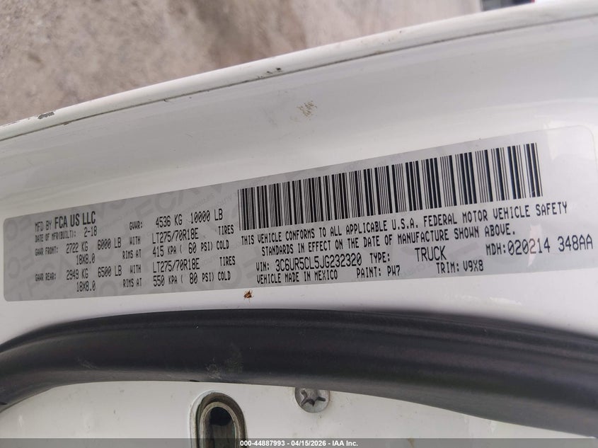 2018 Ram 2500 Tradesman 4X4 6'4 Box VIN: 3C6UR5CL5JG232320 Lot: 44887993