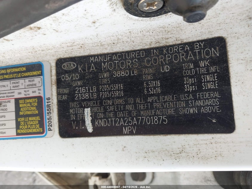 2010 Kia Soul + VIN: KNDJT2A25A7701875 Lot: 44888007