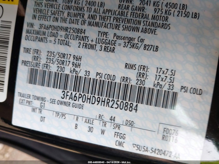 2017 Ford Fusion Se VIN: 3FA6P0HD9HR250884 Lot: 44888040