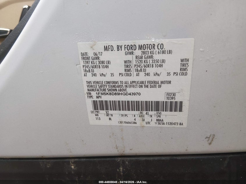2017 Ford Explorer 3.5 Xlt white Lot 111044888048 Vin 1FM5K8D89HGD43970