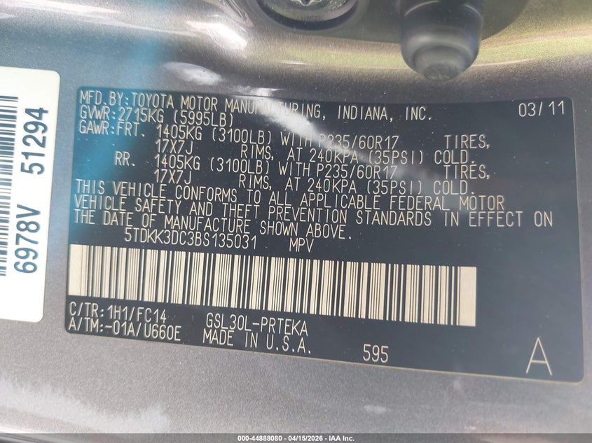 2011 Toyota Sienna Le V6 VIN: 5TDKK3DC3BS135031 Lot: 44888080