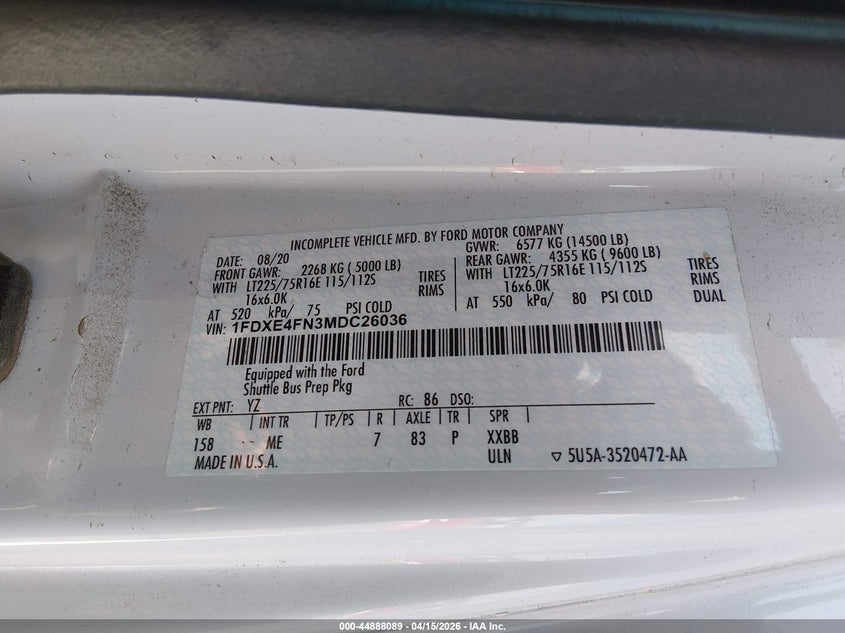 2021 Ford E-450 Cutaway VIN: 1FDXE4FN3MDC26036 Lot: 44888089