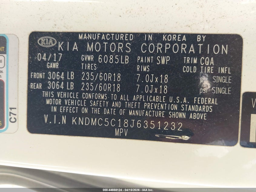 2018 Kia Sedona Ex VIN: KNDMC5C18J6351232 Lot: 44888124