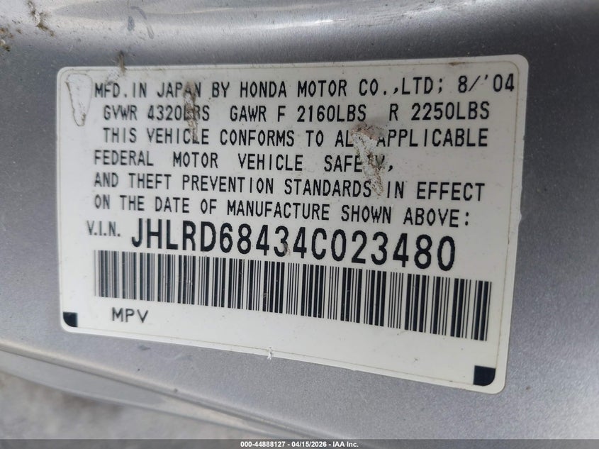 2004 Honda Cr-V Lx VIN: JHLRD68434C023480 Lot: 44888127