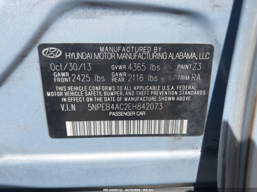 2014 Hyundai Sonata Gls VIN: 5NPEB4AC2EH842073 Lot: 44888132