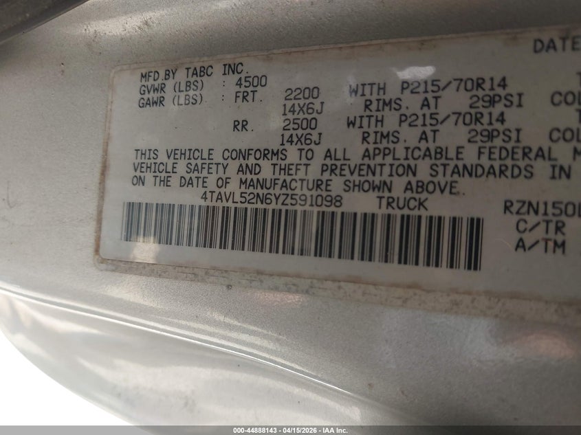 2000 Toyota Tacoma VIN: 4TAVL52N6YZ591098 Lot: 44888143