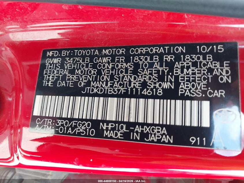2015 Toyota Prius C Three VIN: JTDKDTB37F1114618 Lot: 44888150