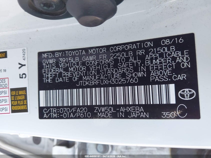 2017 Toyota Prius Two VIN: JTDKBRFUXH3025760 Lot: 44888181