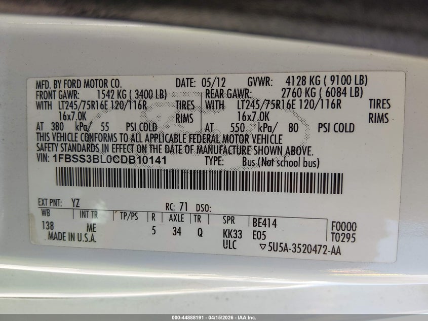2012 Ford E-350 Super Duty Xlt VIN: 1FBSS3BL0CDB10141 Lot: 44888191