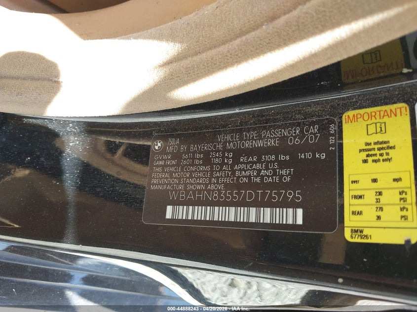 2007 BMW 750Li VIN: WBAHN83557DT75795 Lot: 44888243