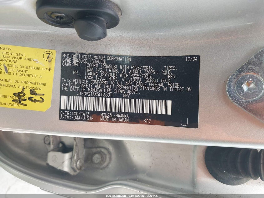 2005 Toyota Highlander V6 VIN: JTEGP21AX50063011 Lot: 44888268