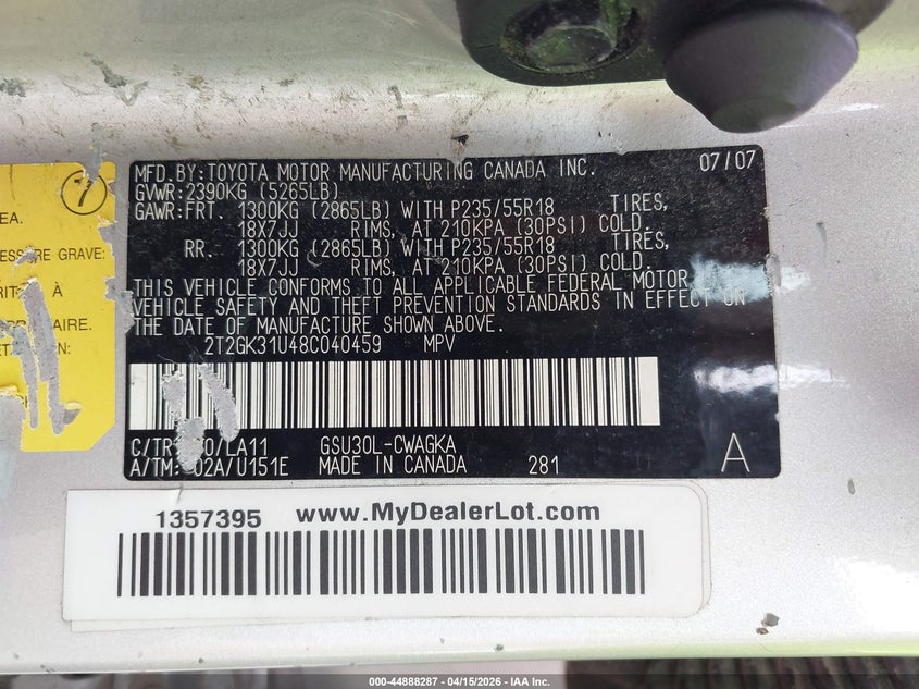 2008 Lexus Rx 350 VIN: 2T2GK31U48C040459 Lot: 44888287