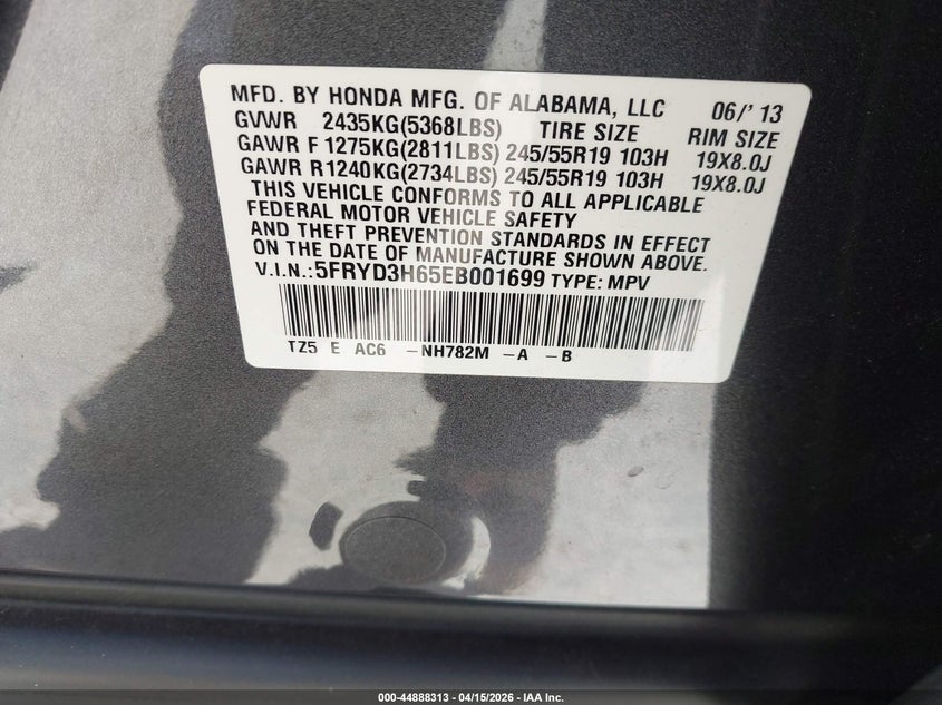 2014 Acura Mdx Technology Pkg W/Entertainment Pkg VIN: 5FRYD3H65EB001699 Lot: 44888313