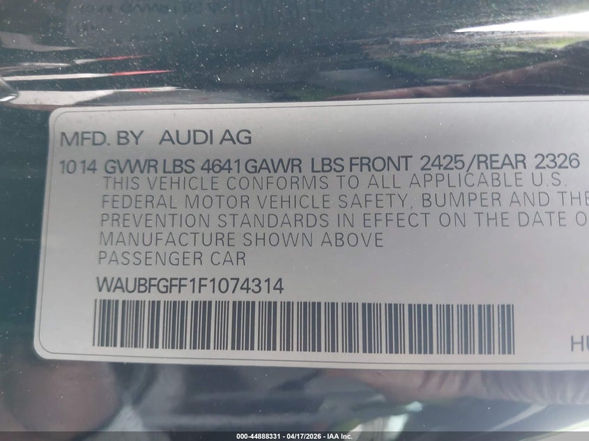 2015 Audi S3 2.0T Premium Plus VIN: WAUBFGFF1F1074314 Lot: 44888331
