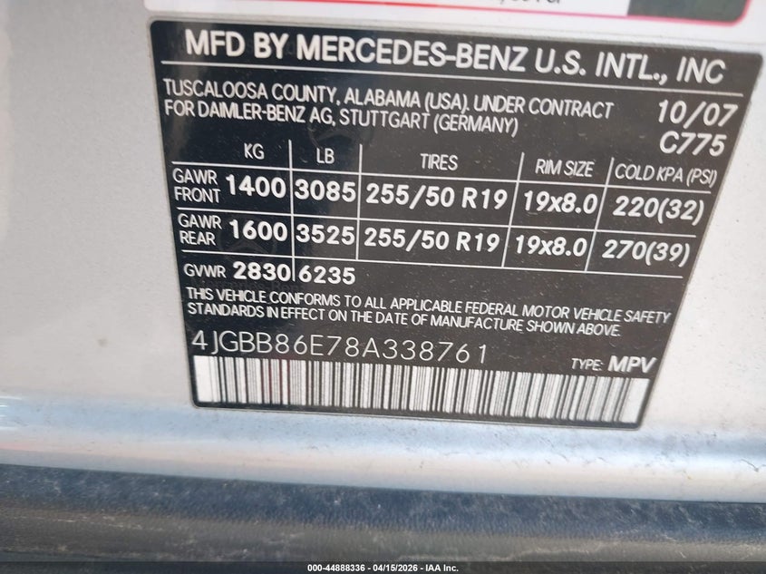 2008 Mercedes-Benz Ml 350 4Matic VIN: 4JGBB86E78A338761 Lot: 44888336