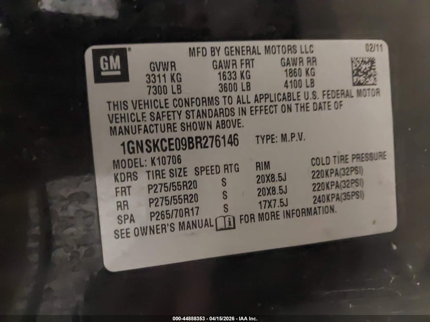 2011 Chevrolet Tahoe Ltz VIN: 1GNSKCE09BR276146 Lot: 44888353