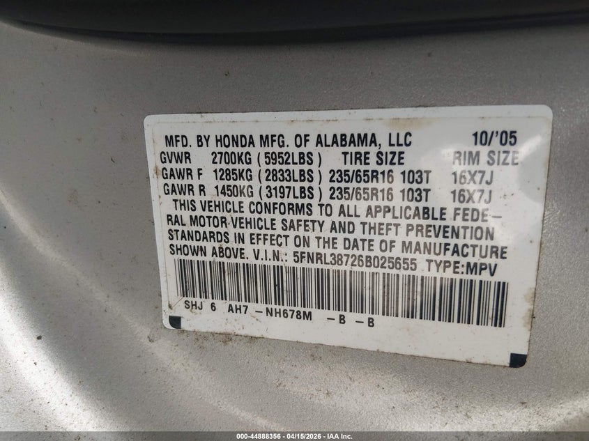 2006 Honda Odyssey Ex-L VIN: 5FNRL38726B025655 Lot: 44888356