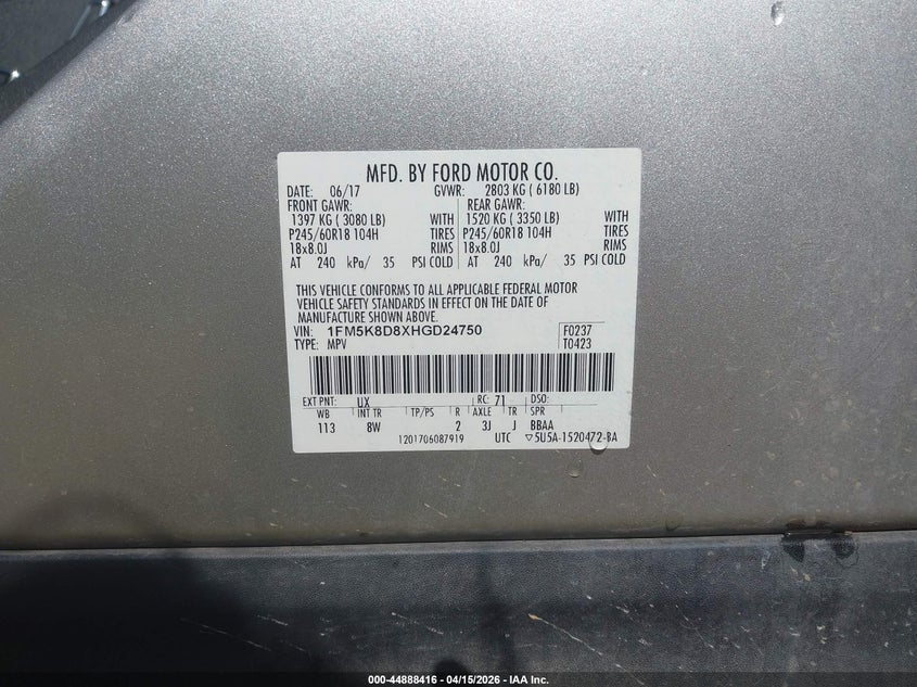 2017 Ford Explorer Xlt VIN: 1FM5K8D8XHGD24750 Lot: 44888416