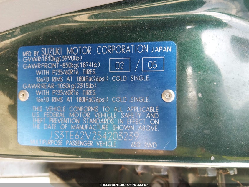 2005 Suzuki Grand Vitara Ex/Lx VIN: JS3TE62V254203239 Lot: 44888420