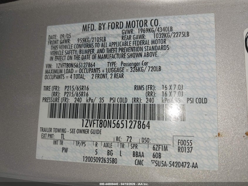 2006 Ford Mustang V6 VIN: 1ZVFT80N565127864 Lot: 44888440