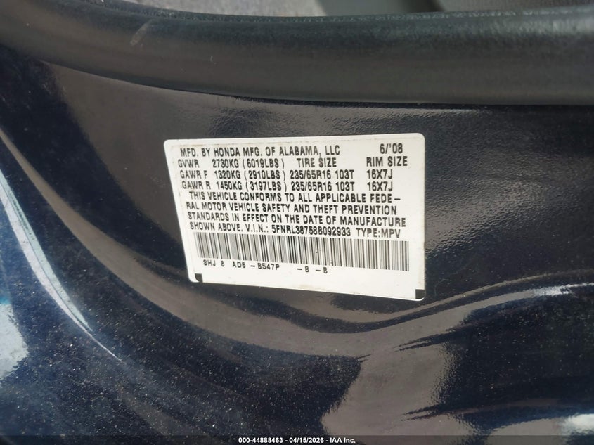 2008 Honda Odyssey Ex-L VIN: 5FNRL38758B092933 Lot: 44888463