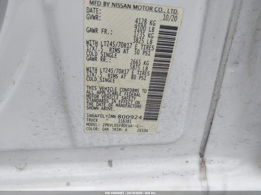 2021 Nissan Nv Cargo Nv2500 Hd Sv High Roof V8 VIN: 1N6AF0LY2MN800924 Lot: 44888487